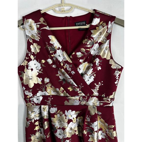 Enfocus Studio Dress Size 14 Burgundy Gold Silver Metallic Fit Flare VNeck Y2K - Picture 4 of 8